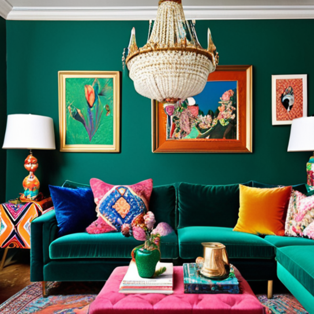 **Prompt:** A living room bursting with color and patterns. Emerald green walls adorned with a gallery wall of eclectic art. A velvet sapphire blue sofa piled with cushions in floral and geometric prints. A vintage coffee table cluttered with decorative objects and souvenirs. Bright, layered lighting with a statement chandelier.