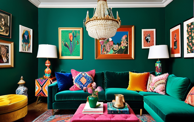 **Prompt:** A living room bursting with color and patterns. Emerald green walls adorned with a gallery wall of eclectic art. A velvet sapphire blue sofa piled with cushions in floral and geometric prints. A vintage coffee table cluttered with decorative objects and souvenirs. Bright, layered lighting with a statement chandelier.
